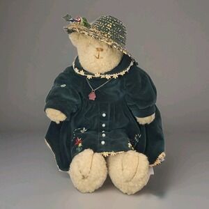 Vintage 1990s Delton Charlotte Victorian Teddy Bear Green Velvet Dress Straw Hat